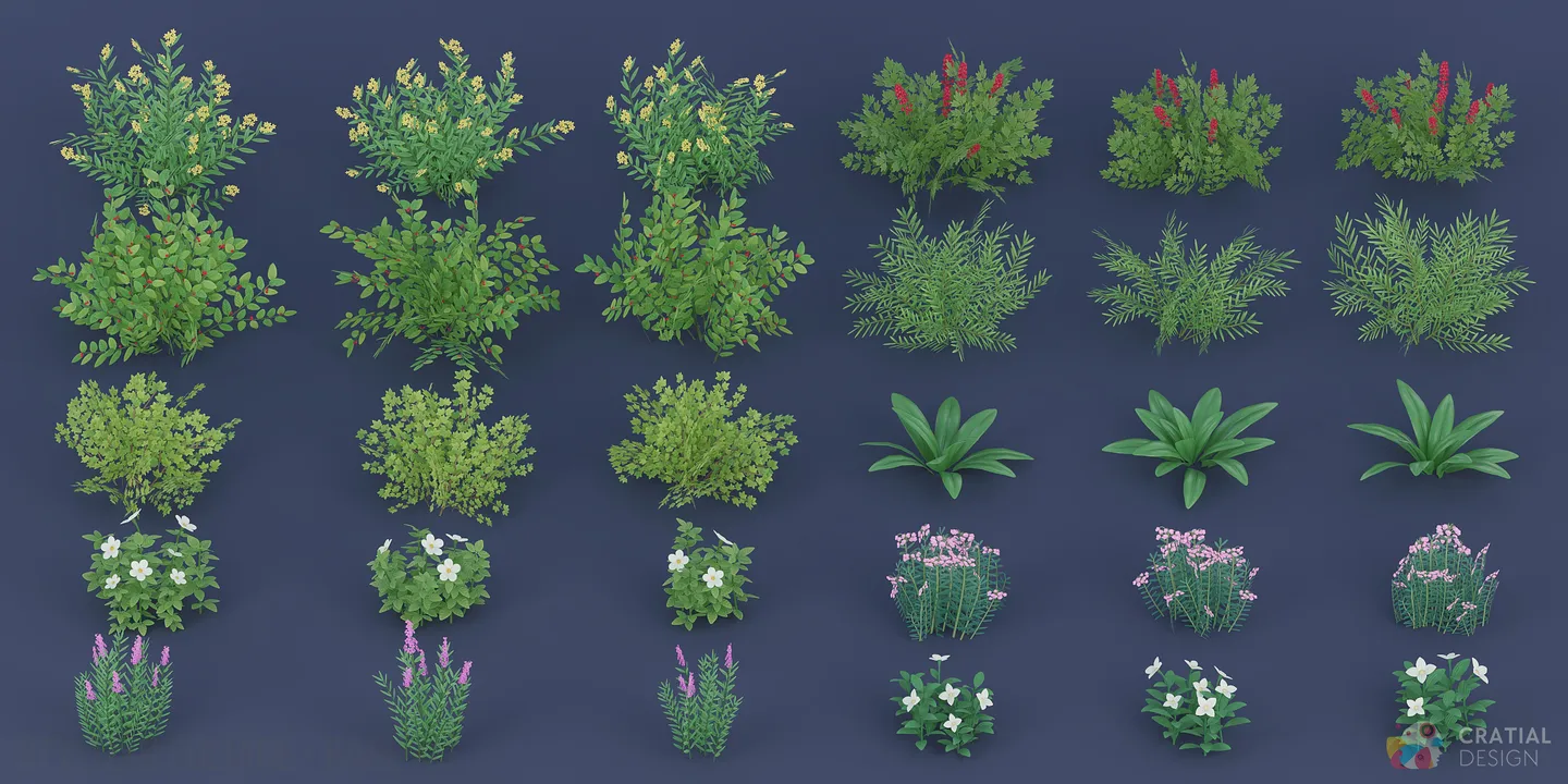 Thirty stylized boreal shrubs, flowers, ferns, and grasses arranged in rows.