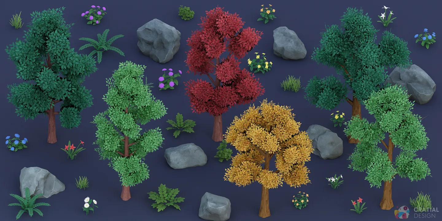 Complete collection of colorful stylized trees, rocks, flowers, shrubs, and grasses arranged together.